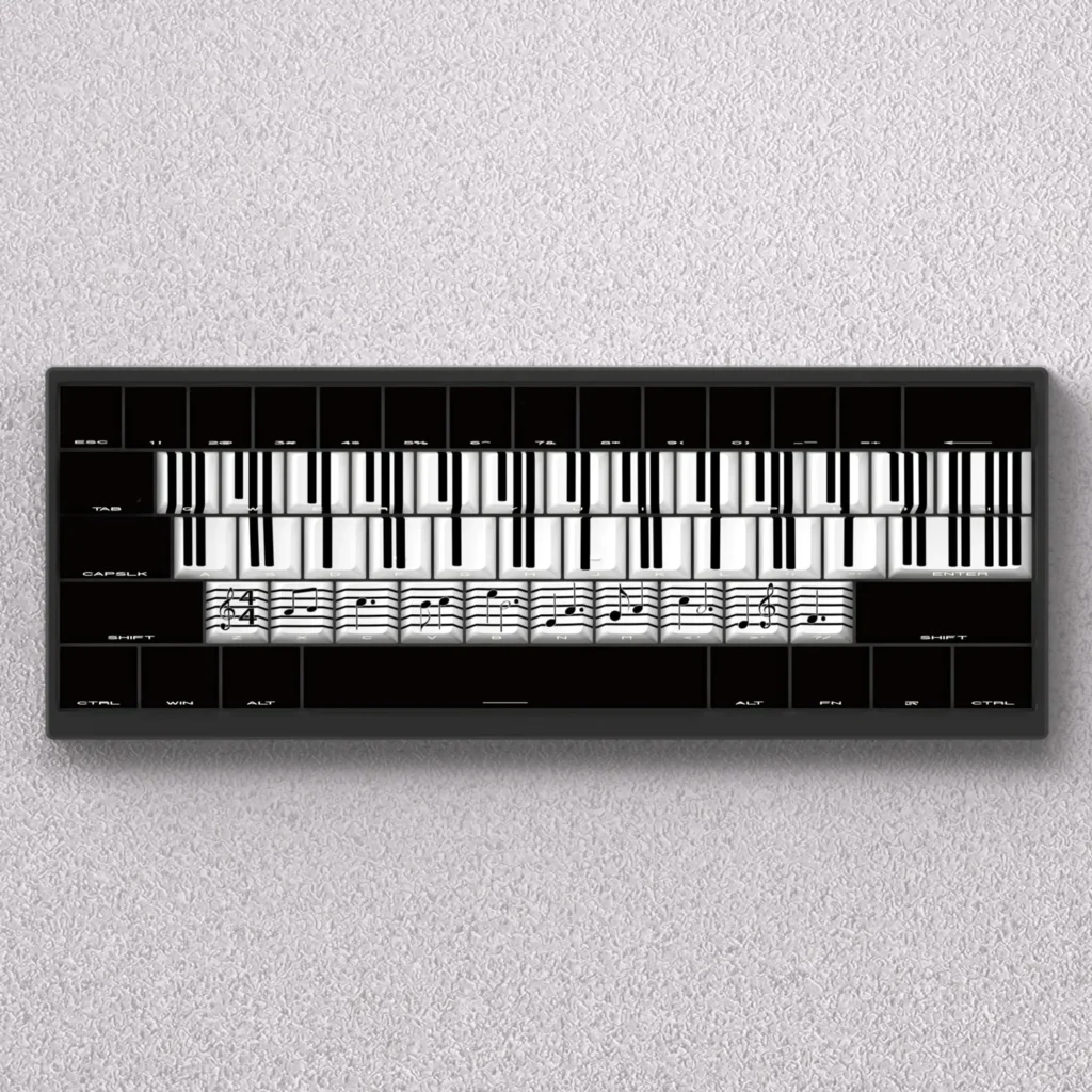 Ethereal Castle in the Sky Musical Note Cherry Keycap Set, showcasing iconic piano key designs and vibrant side-lit PBT keys for a musical artistic feel.