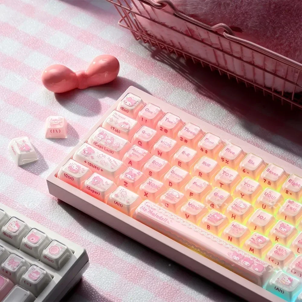 Adorable My Melody Keycaps Set in pink and white jelly, shown from various angles. Spot the side-engraved legends for magnetic switch compatibility.