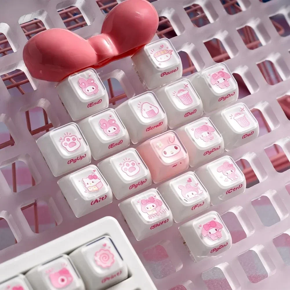 Gallery of charming My Melody pink and white jelly keycaps set, side-engraved for magnetic switch compatibility.
