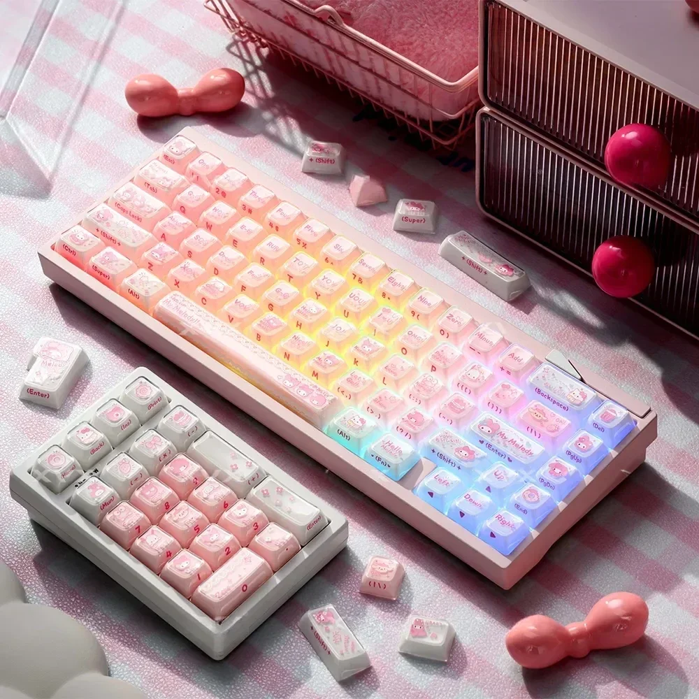 Adorable My Melody keycaps set in pink and white translucent jelly, side-engraved for magnetic switches, radiating whimsical charm.