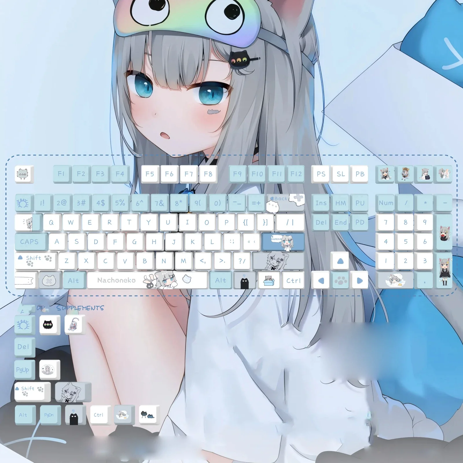 Charming anime Nachoneko keycap set, showcasing adorable feline designs in durable PBT with kind of profile, perfect for fans.