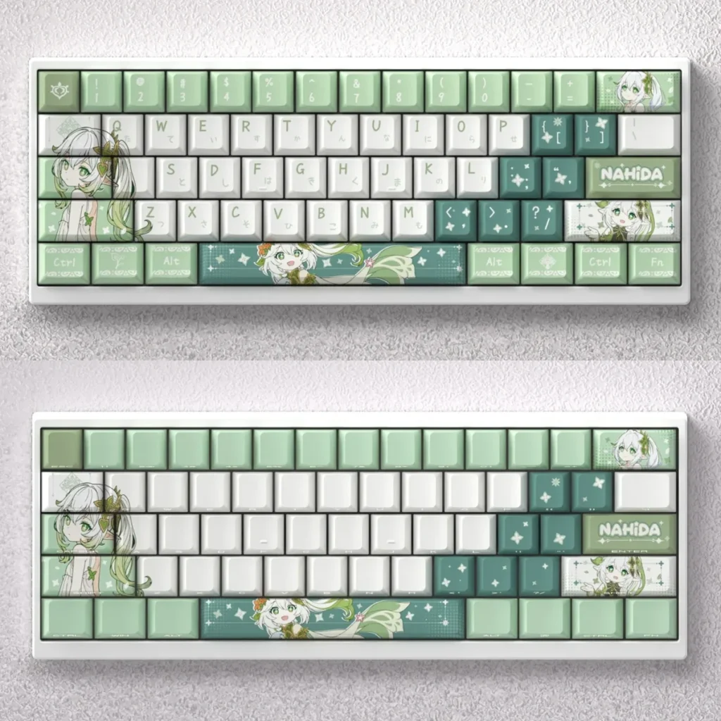 Whimsical Genshin Impact Nahida keycaps set, a PBT dye-sub set for mechanical keyboards, featuring vibrant green and white character motifs.