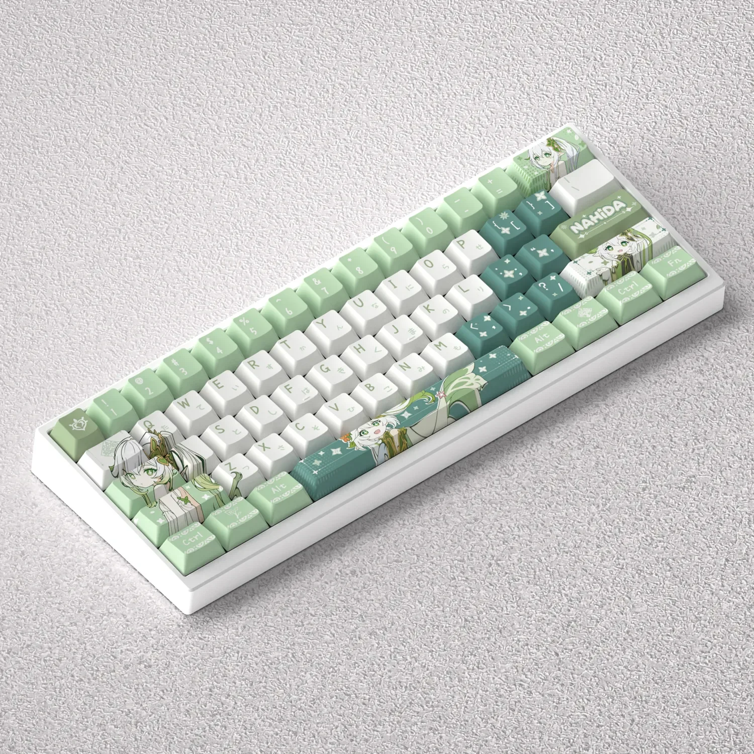 Whimsical Genshin Impact Nahida PBT dye-sub keycaps set, an artistic collection featuring vibrant green and white character motifs displayed.