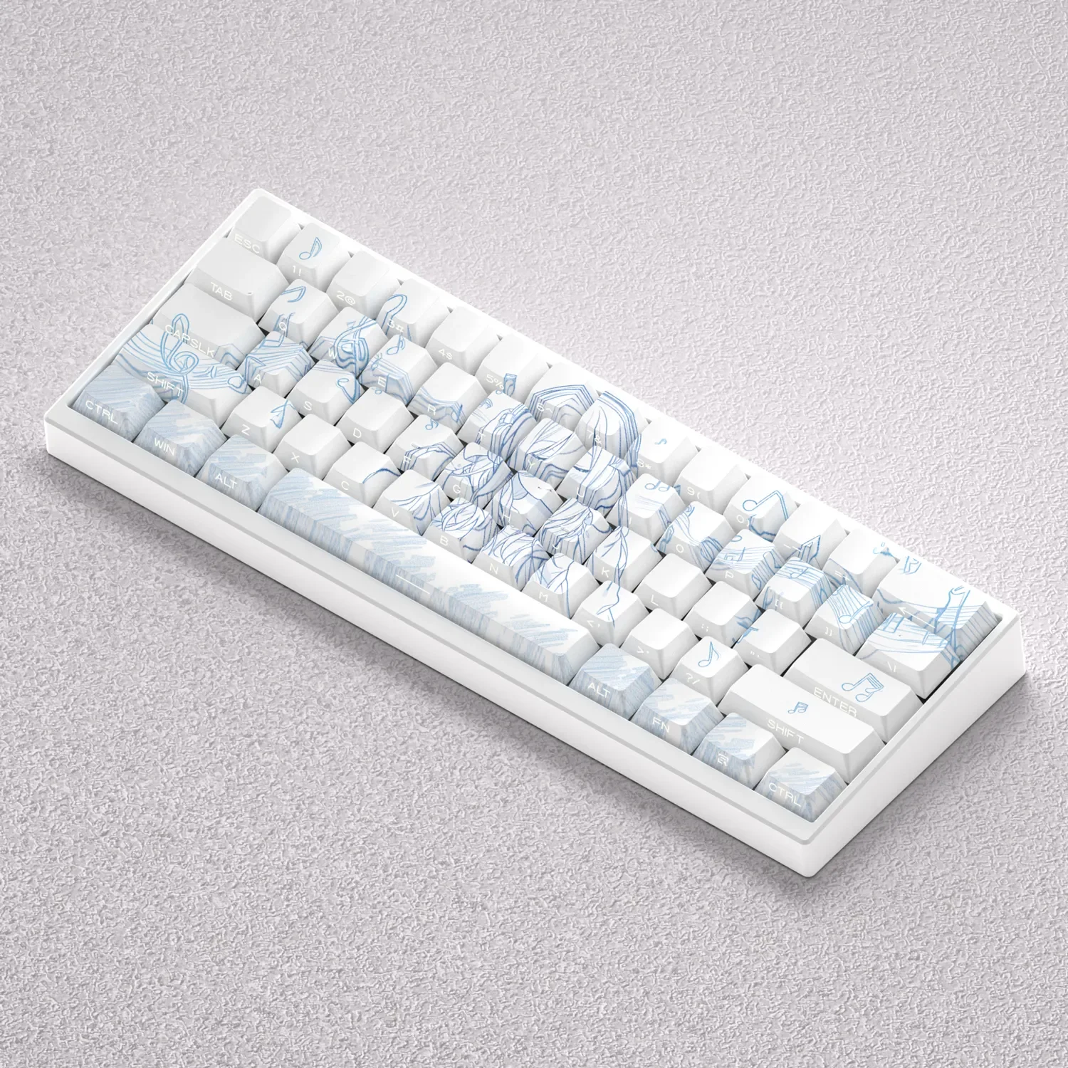 A complete 98-piece set of Miku Nakano Keycap Set, featuring translucent, side-engraved characters for backlit mechanical keyboards.