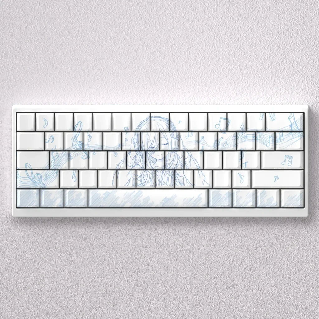 Miku Nakano Keycap Set with side-engraved, light-transmitting characters, offering a unique aesthetic for custom mechanical keyboards.