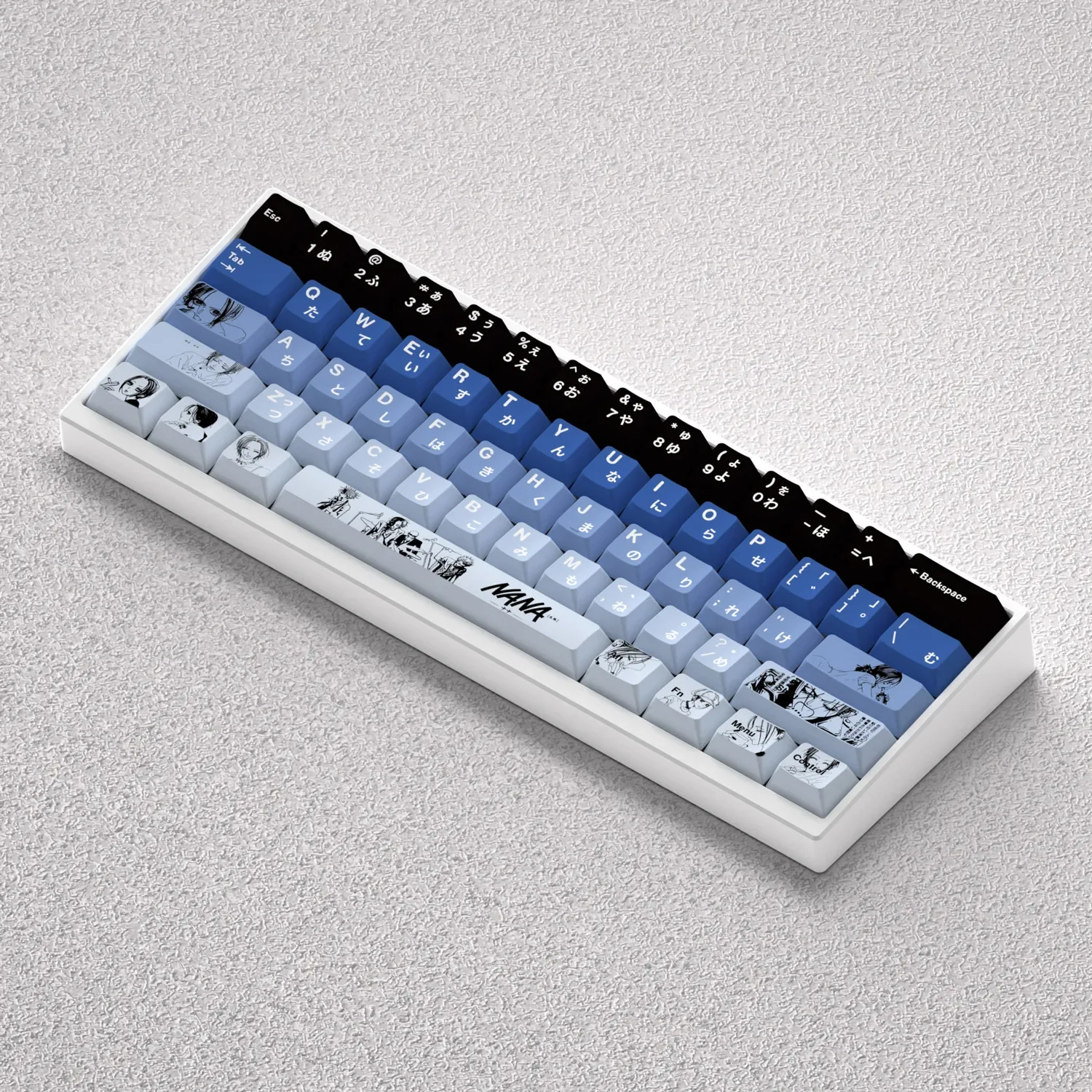 Detailed NANA anime PBT keycaps set, featuring punk-rock character art and bold typography displayed from various perspectives for the rebel soul.