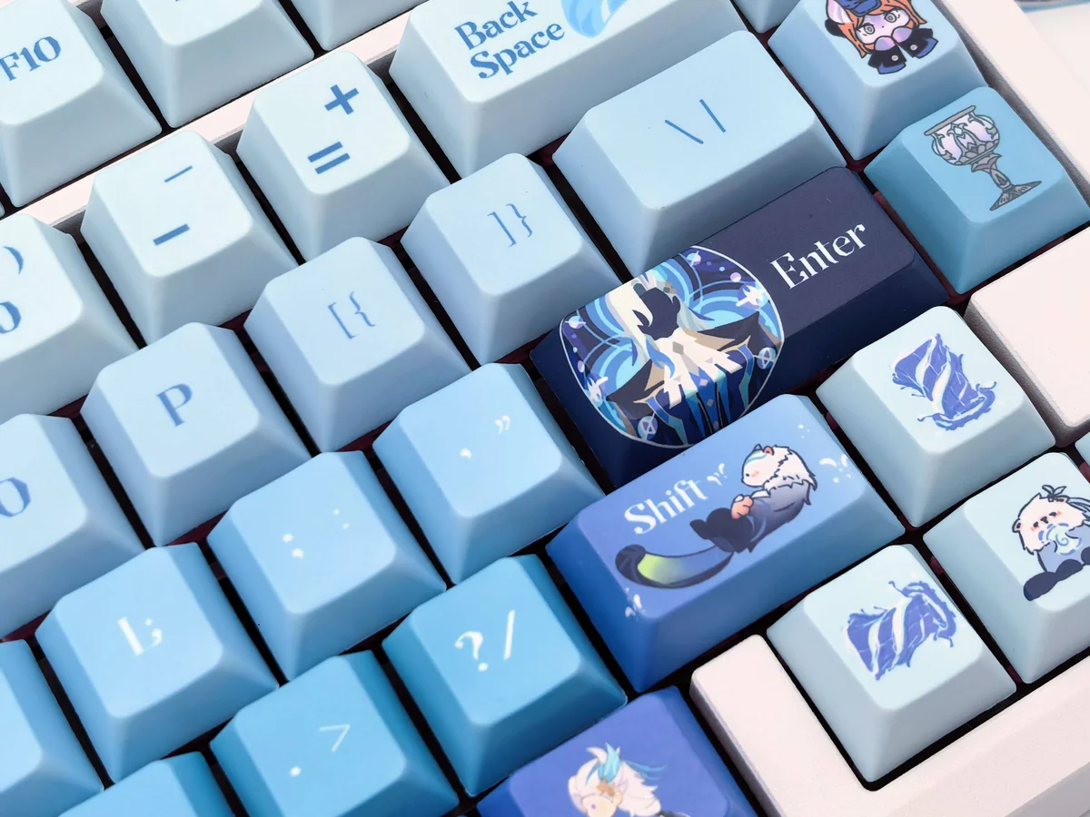 A detailed view of the exclusive Neuvillette Hydro PBT dye-sub keycaps set, highlighting the elegant Genshin Impact character art in rich blues and whites.