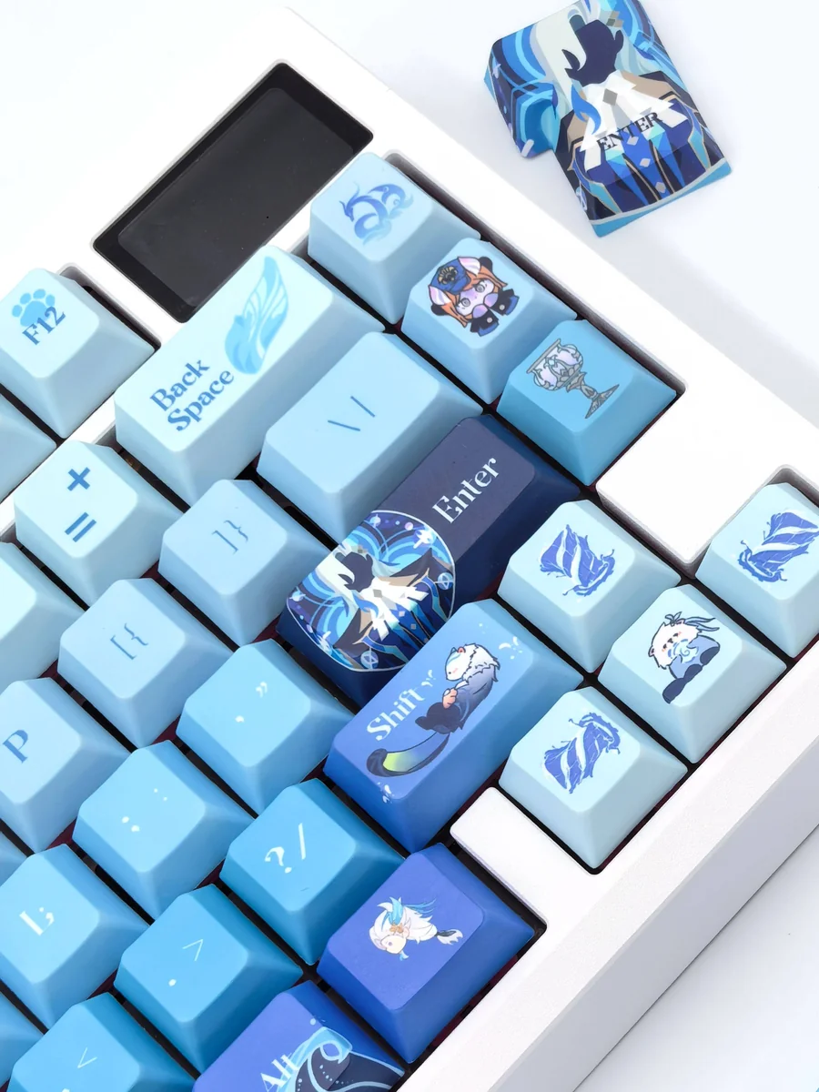 Exclusive Genshin Impact Neuvillette Hydro PBT dye-sub keycaps set, elegantly showing blue and white character art from multiple angles.