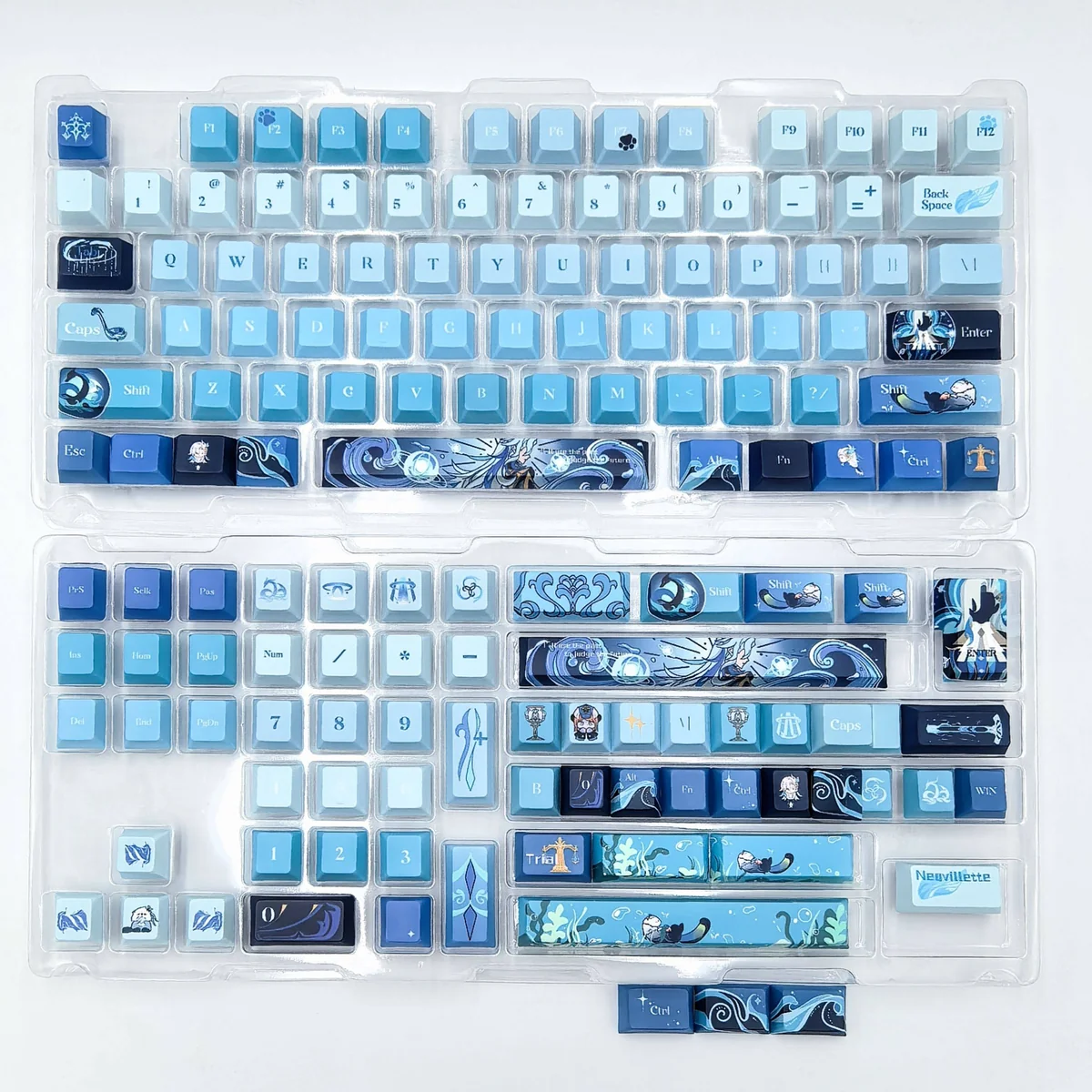 Detailed views of the Neuvillette keycaps set, revealing the intricate Hydro PBT dye-sub artistry and vibrant Genshin Impact character designs in blue and white.