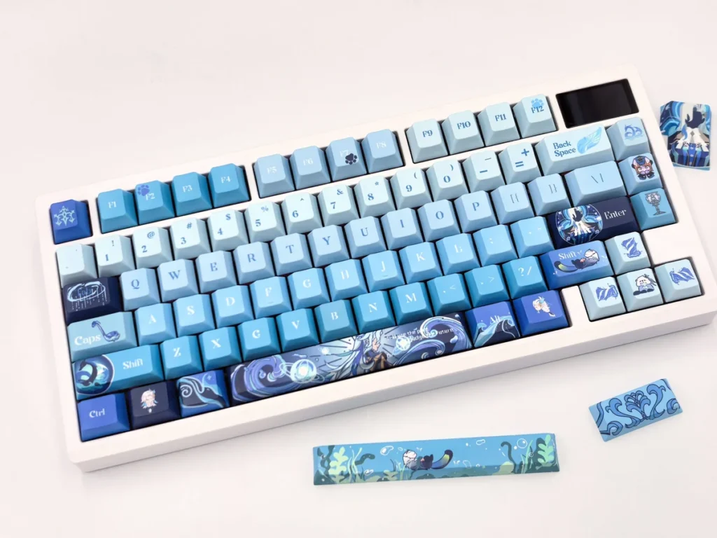 Elegant Neuvillette Hydro PBT dye-sub keycaps set for Genshin Impact fans, featuring rich blues and whites. An exclusive artistic set.
