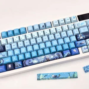 Elegant Neuvillette Hydro PBT dye-sub keycaps set for Genshin Impact fans, featuring rich blues and whites. An exclusive artistic set.