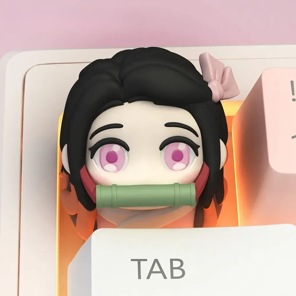 Vibrant 3D sculpted Nezuko keycap, a stunning artisan piece for mechanical keyboards, capturing intricate Demon Slayer aesthetics.