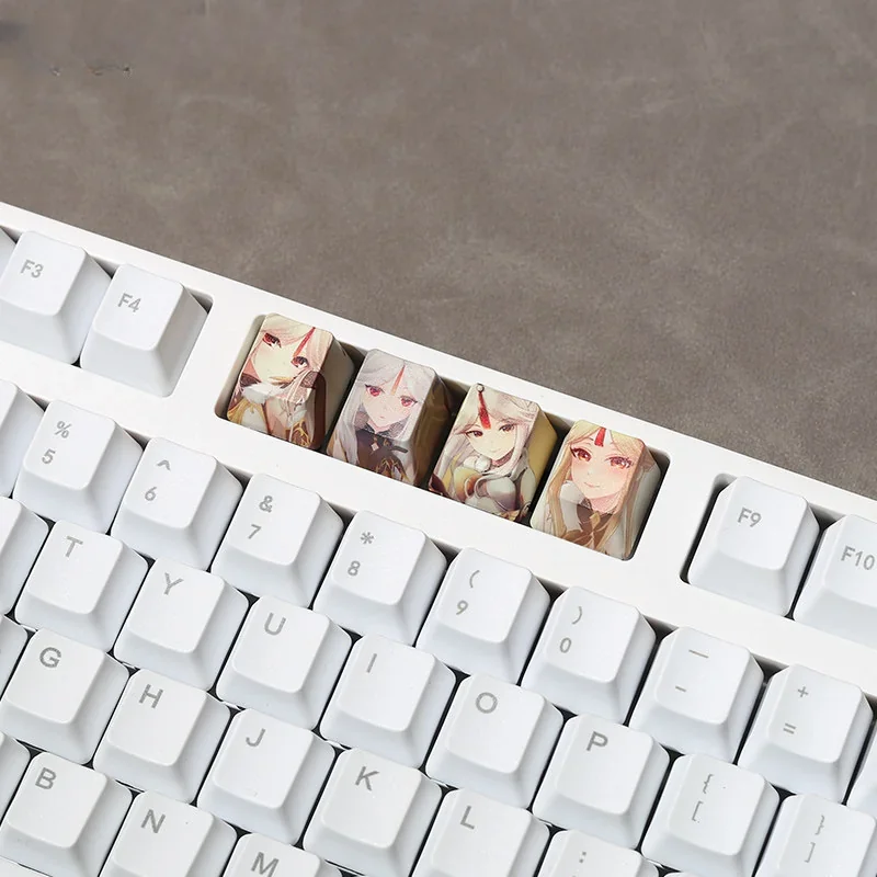 Vibrant Genshin Impact dye-sub PBT accent keycaps from various angles, highlighting detailed anime character art and vivid premium designs.