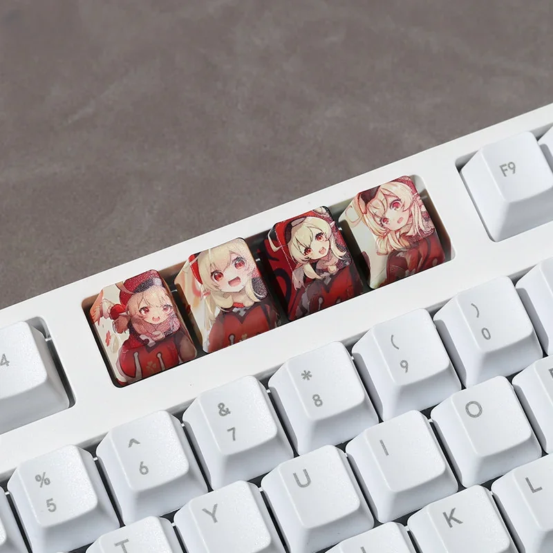 Vibrant Genshin Impact dye-sub PBT accent keycaps showcased from multiple angles, revealing detailed anime character art and premium vivid designs.