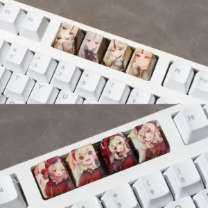Vibrant Genshin Impact dye-sub PBT accent keycaps showcase detailed anime character art, offering a premium and playful keyboard upgrade.