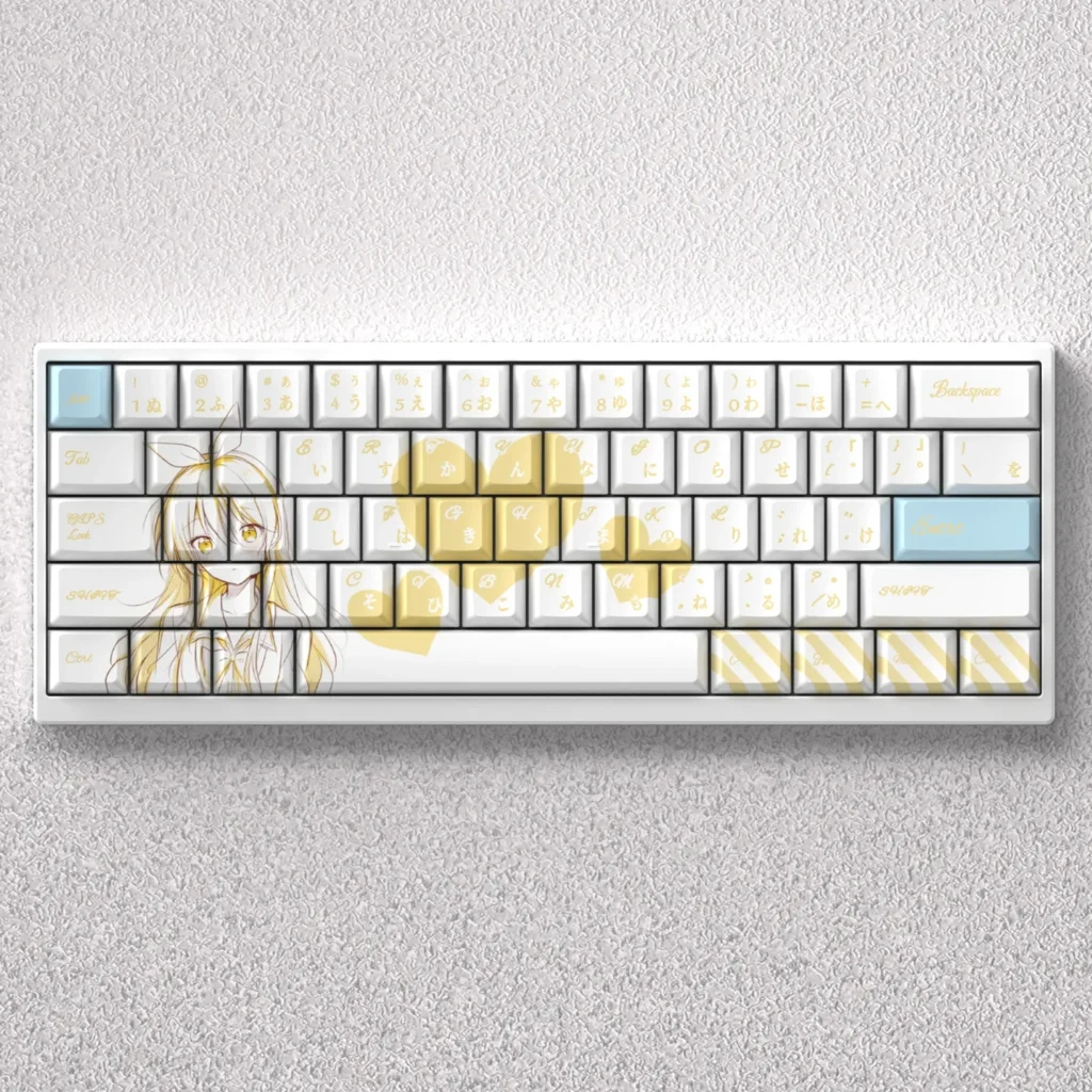 Exclusive Nisekoi Kirisaki Chitoge PBT keycap set displayed, featuring vibrant anime character art for 60% mechanical keyboards.