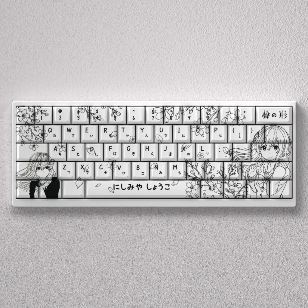 Artistic Nishimiya Shoko keycaps set, showcasing delicate A Silent Voice anime scenes and Shokos expressions on durable PBT dye-sub Cherry profile keys.