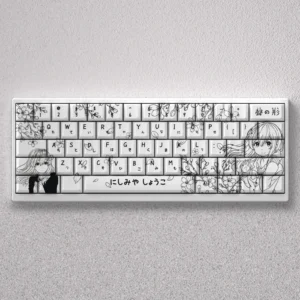 Artistic Nishimiya Shoko keycaps set, showcasing delicate A Silent Voice anime scenes and Shokos expressions on durable PBT dye-sub Cherry profile keys.