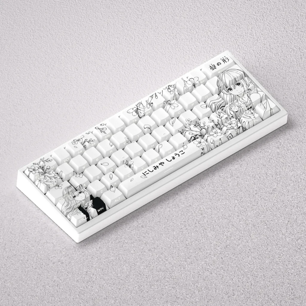 Nishimiya Shoko keycaps set gallery, displaying A Silent Voice artistic PBT dye-sub designs. Multiple angles reveal delicate expressions and iconic
