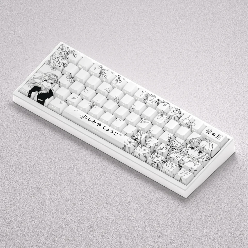 Nishimiya Shoko keycaps set gallery showcasing the A Silent Voice anime full set, featuring delicate character art and durable PBT dye-sub.