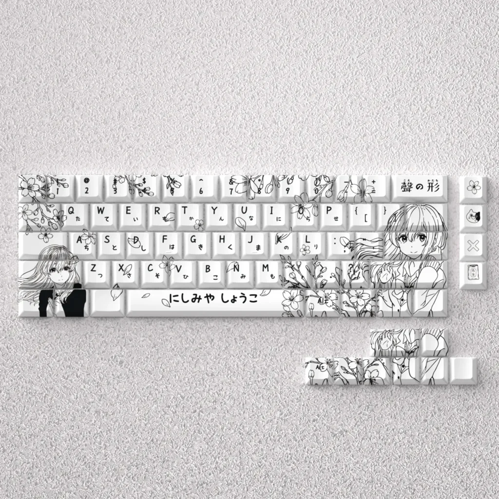 Artistic Nishimiya Shoko keycaps set featuring durable PBT dye-sublimation with iconic A Silent Voice anime scenes, an exclusive Cherry profile set.