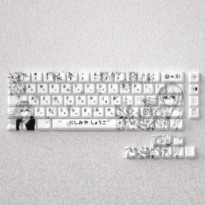 Artistic Nishimiya Shoko keycaps set featuring durable PBT dye-sublimation with iconic A Silent Voice anime scenes, an exclusive Cherry profile set.
