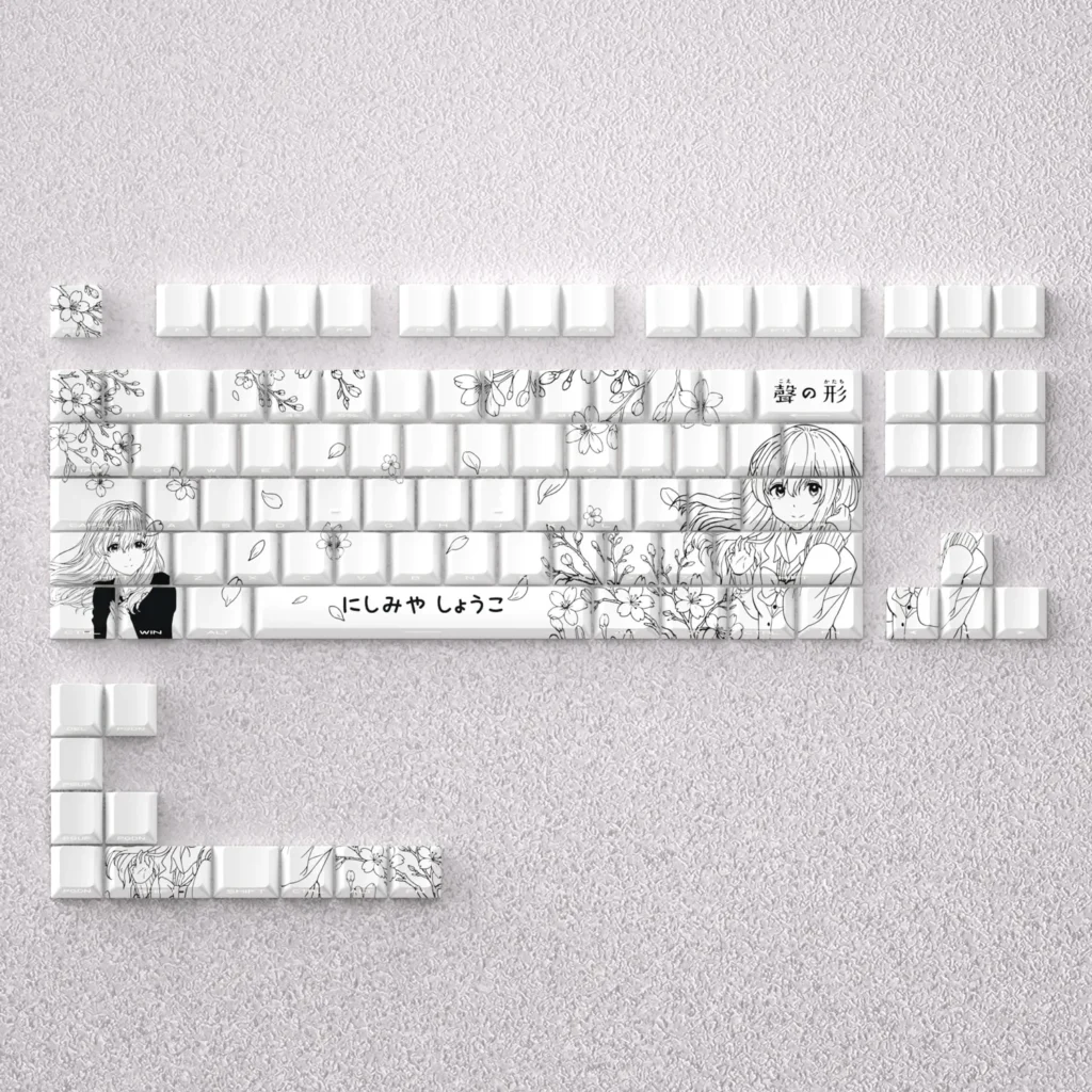 Artistic Nishimiya Shoko keycaps set displayed, featuring elegant A Silent Voice anime scenes and delicate expressions with durable PBT dye-sublimation.