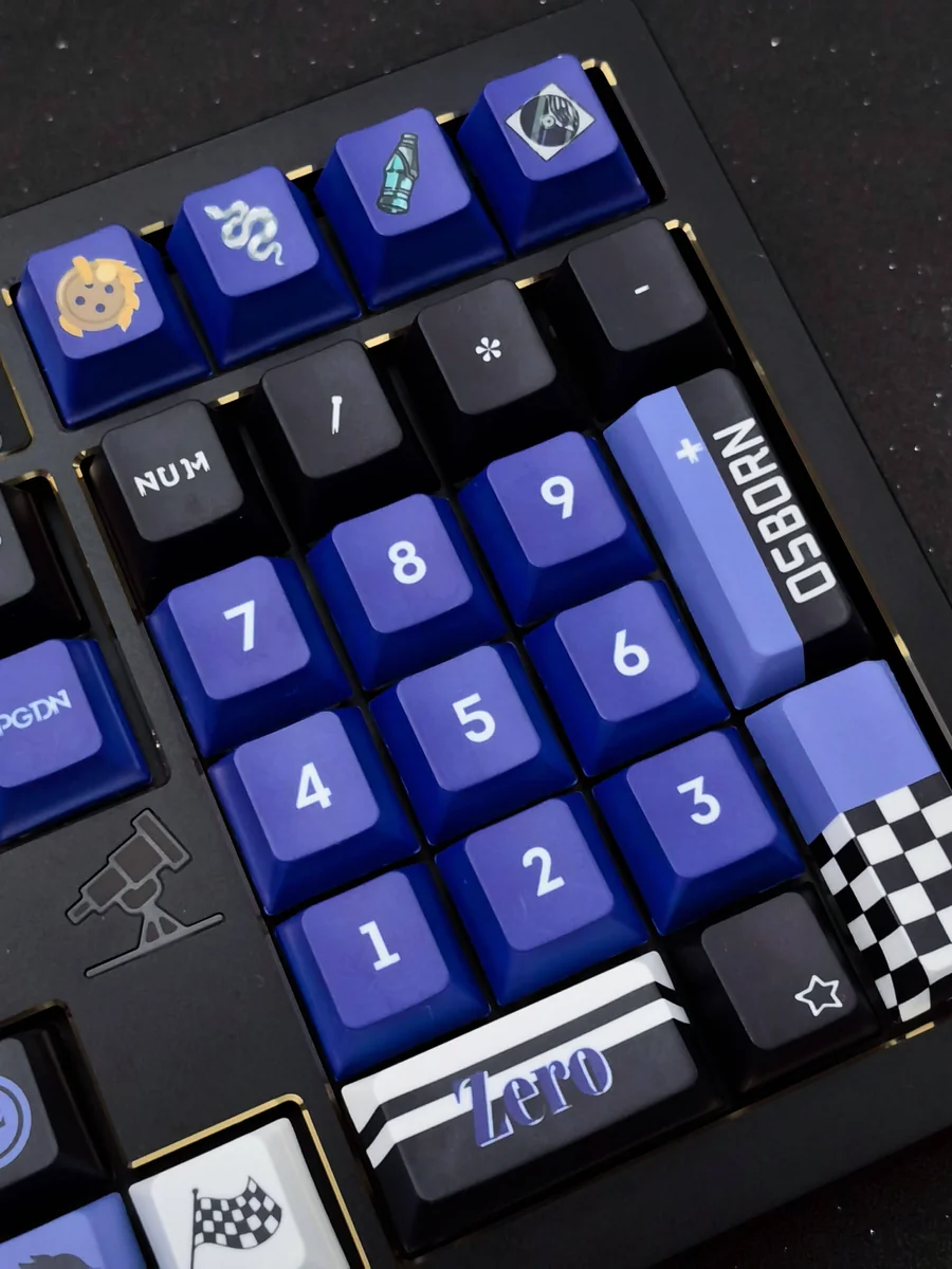 Exclusive Osborn Light & Night keycaps set, displayed from multiple angles. Premium, elegant character designs capture Osborn's refined game aesthetics.
