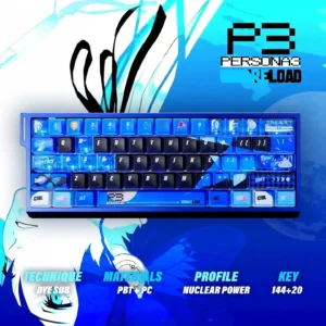 Premium P3R Nuclear Blue PBT dye-sublimation keycaps gaming set, vividly displaying exclusive Persona 3 Reload theme and dynamic glow.