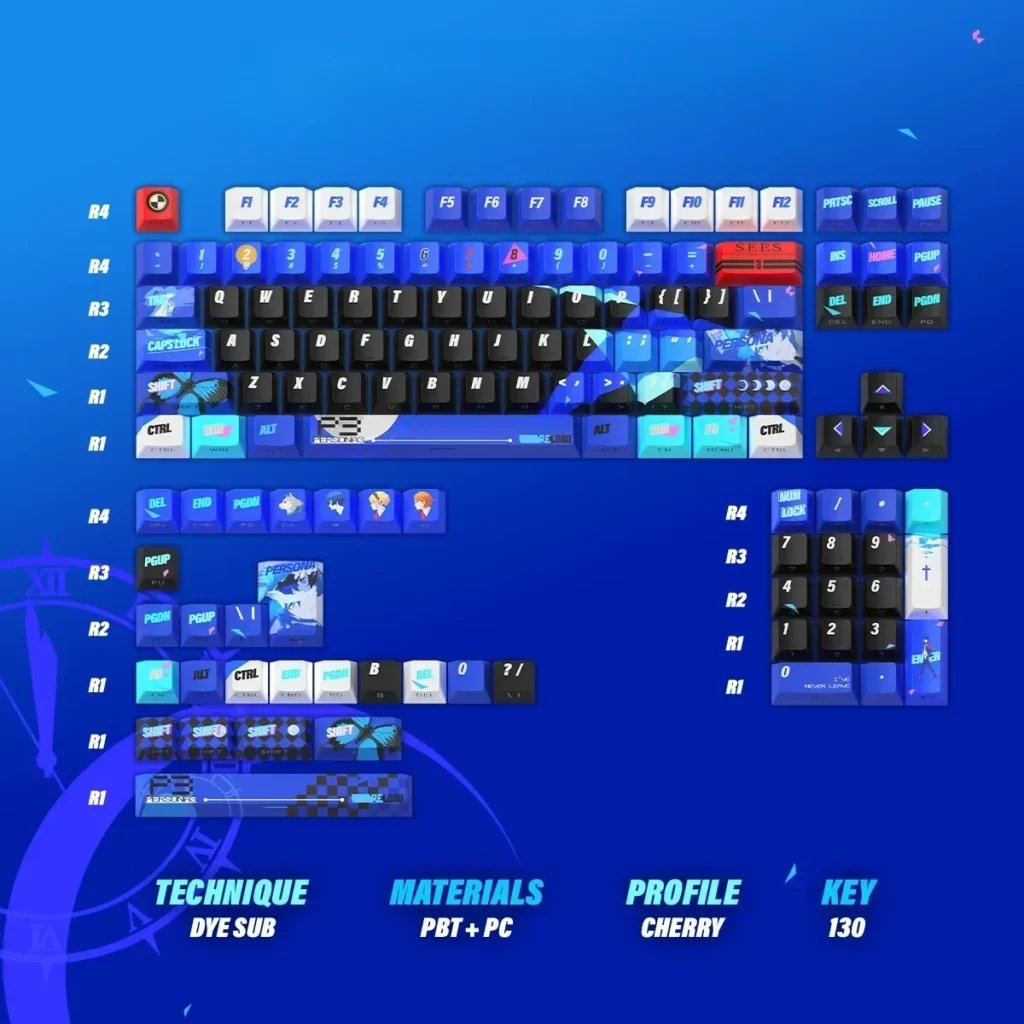 Exclusive P3R keycaps set with vibrant nuclear blue PBT dye-sublimation, showcasing dynamic P3R-inspired design. A premium gaming set for Wooting keyboard.