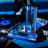 Gallery of P3R keycaps set showcasing exclusive Persona 3 Reload dye-sublimation PBT set in vibrant nuclear blue with dynamic side-lit glow.