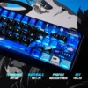 Exclusive P3R keycaps set in vibrant nuclear blue PBT dye-sublimation, showcasing energetic Persona 3 Reload designs and glowing side-lit effects.