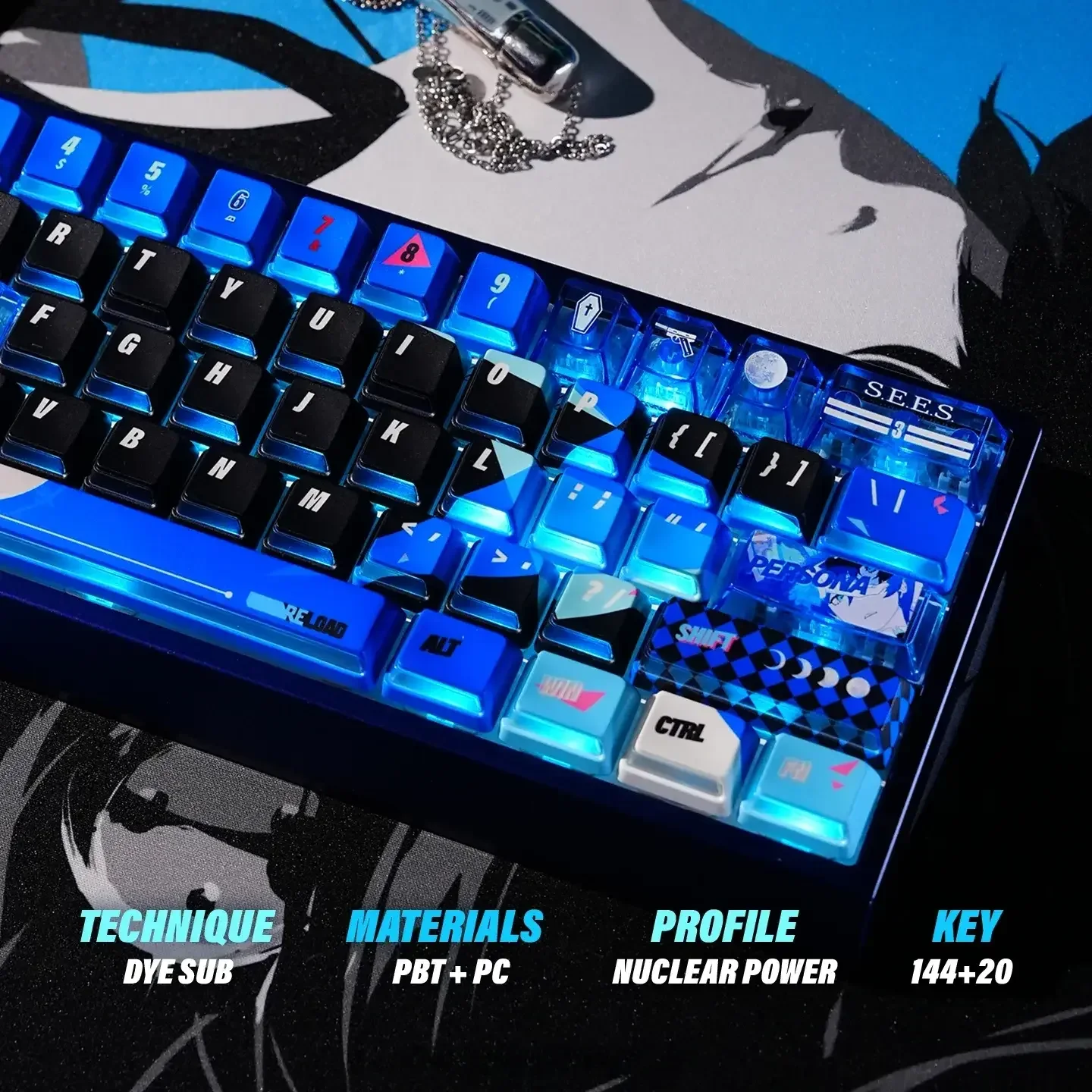 Exclusive P3R keycaps set in vibrant nuclear blue PBT dye-sublimation, showcasing energetic Persona 3 Reload designs and glowing side-lit effects.