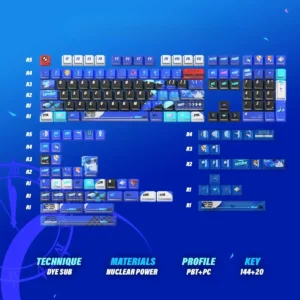 Vibrant P3R Nuclear Blue PBT dye-sublimation keycaps set for gaming, showing energetic P3R-inspired design and dynamic side-lit glow.