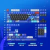 Vibrant nuclear blue P3R keycaps gaming set, PBT dye-sublimation with energetic side-lit Persona 3 Reload graphics for a premium keyboard.