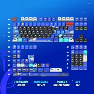 Vibrant nuclear blue P3R keycaps gaming set, PBT dye-sublimation with energetic side-lit Persona 3 Reload graphics for a premium keyboard.