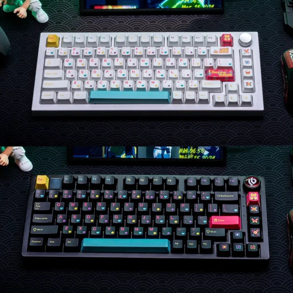 Crisp CherryBomb PBT keycaps set with vibrant accents, highlighting the durable dye-sublimated Cherry set for playful mechanical keyboard.