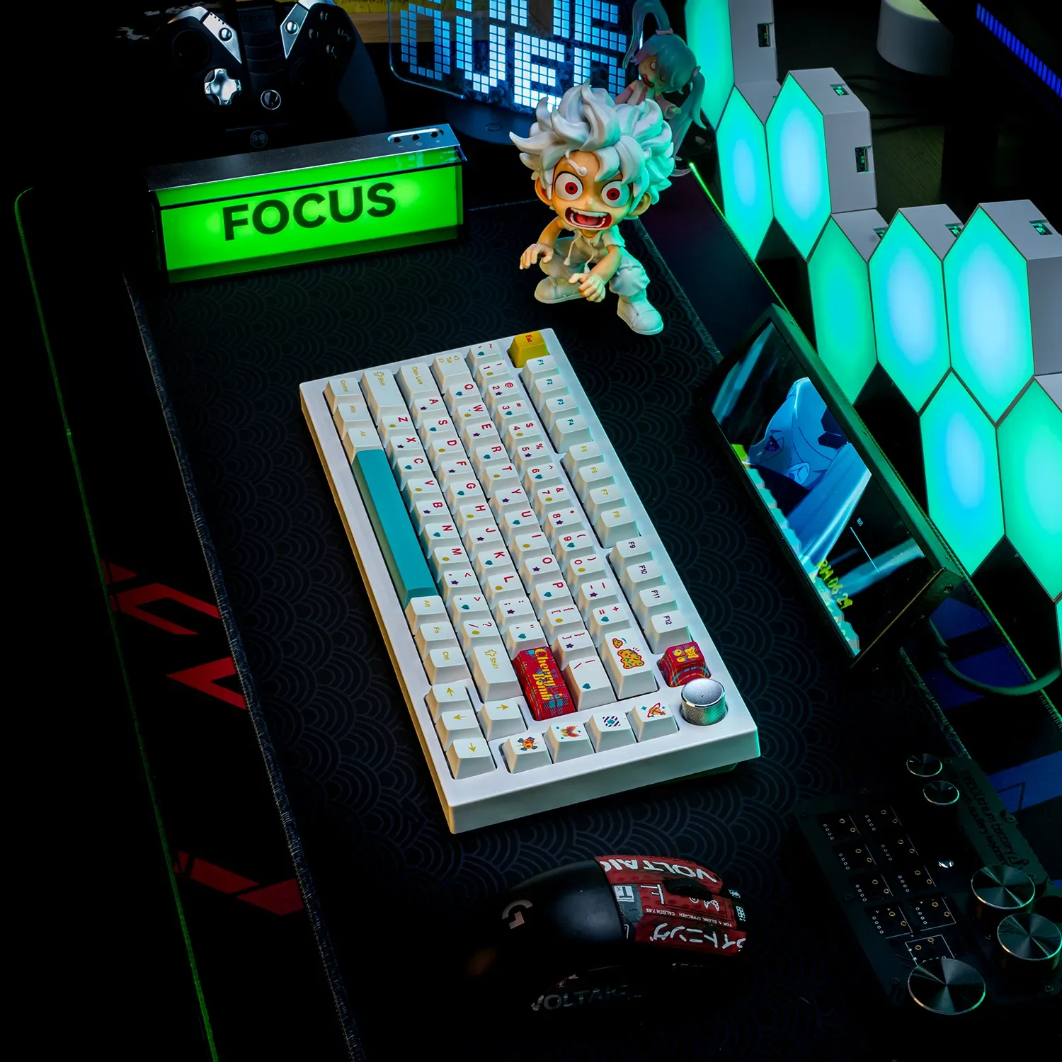 CherryBomb PBT Dye-Sub keycap set showcased from different angles, highlighting its durable Cherry profile, crisp white aesthetic, and playful design.