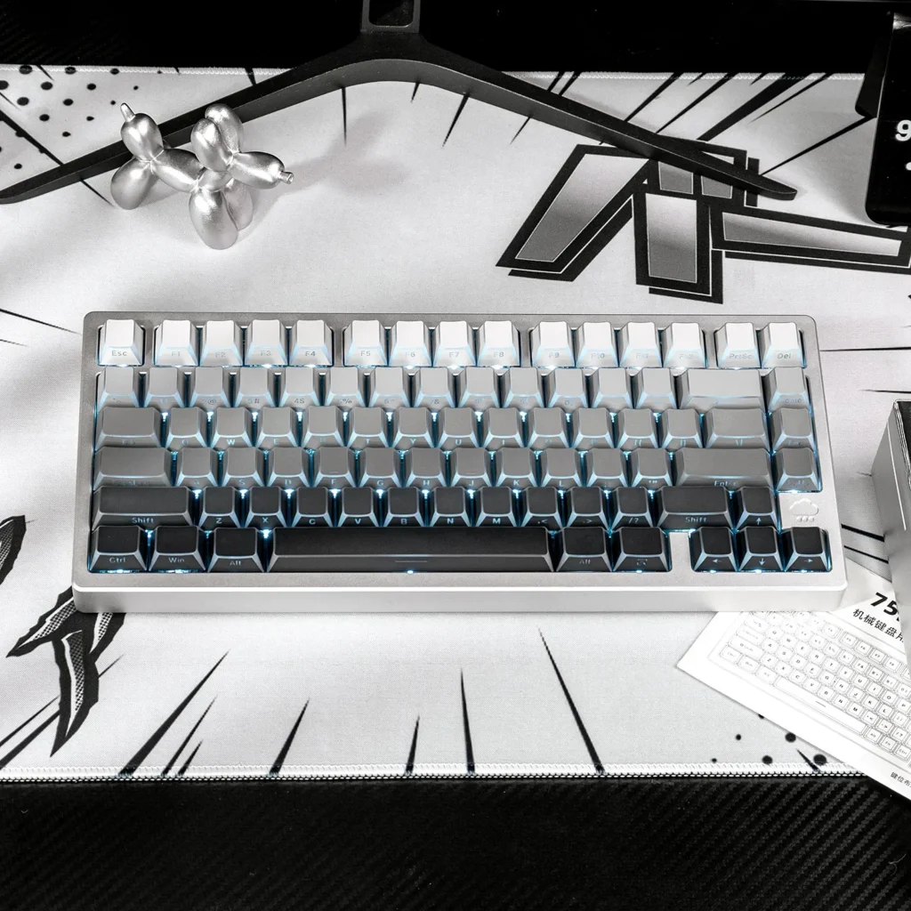 Polar Day Refracted Shadow PBT side-print keycaps set showcase their angular, translucent design with crisp lines and dramatic light-and-shadow effects.