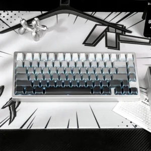 Polar Day Refracted Shadow PBT side-print keycaps set showcase their angular, translucent design with crisp lines and dramatic light-and-shadow effects.