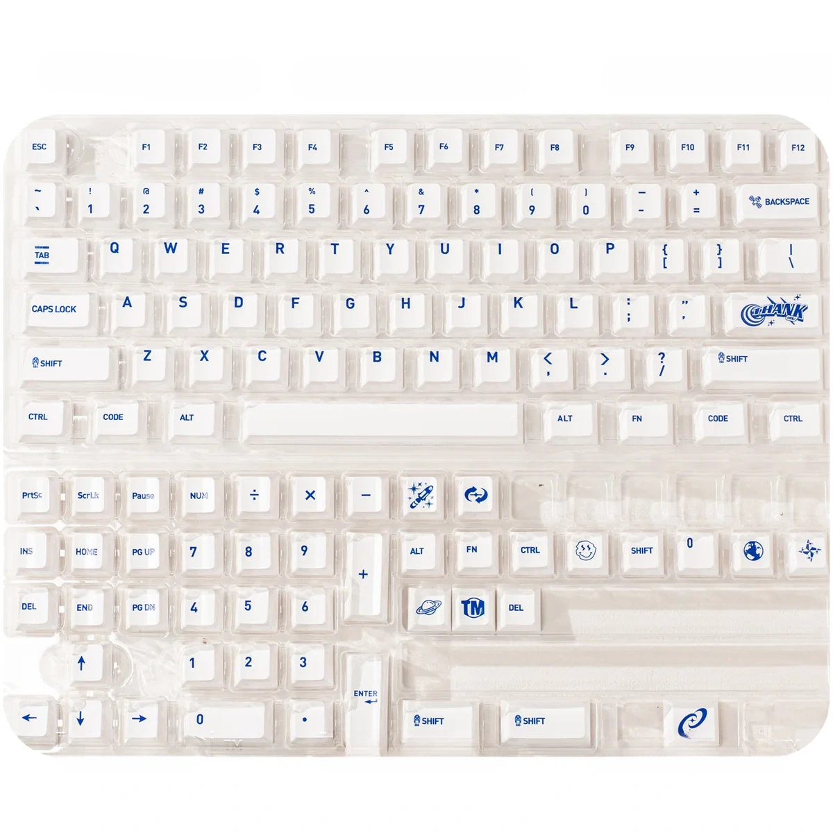 Luminous ceramic PC keycaps set in sapphire blue and pure white, shown from multiple angles, highlighting their clean, premium finish and radiant glow.