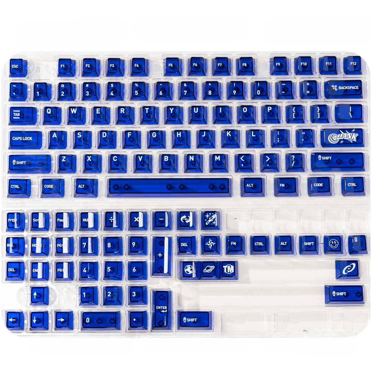 Luminous ceramic PC keycaps set in sapphire blue and pure white, shown from multiple angles, highlighting their clean, premium finish and radiant glow.
