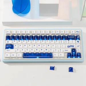 Luminous ceramic-like PC keycaps set in sapphire blue and pure white, showcasing their clean, premium aesthetic for an elevated typing experience.