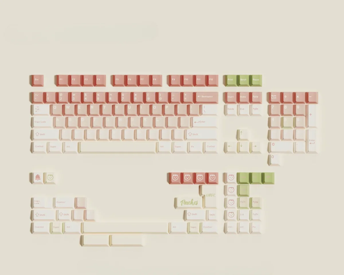 Gallery views of the soft peach pink dye-sub PBT keycap set, highlighting its gentle, fluffy aesthetic and durable quality from multiple angles.