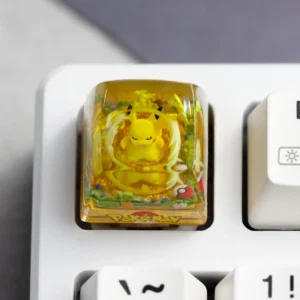 Handcrafted Pokemon: Iconic Pikachu Transparent Keycap, a vibrant resin charm for mechanical keyboards, featuring a glossy finish in a whimsical adventure theme.