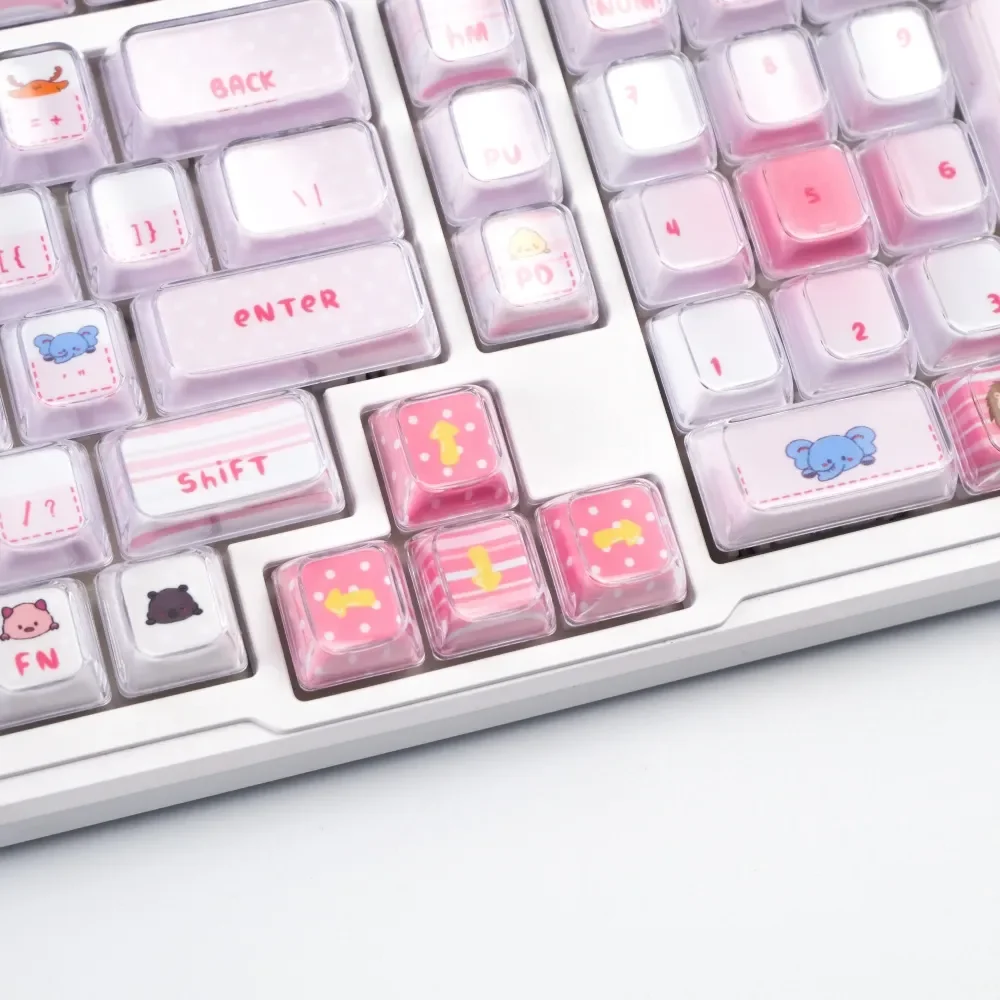 A gallery showcases the playful pink cat keycap set, revealing its whimsical peek-a-boo design and shimmering crystal jelly finish from various angles.