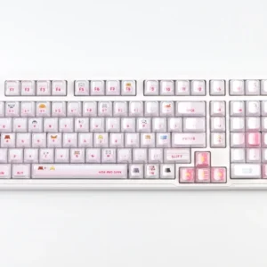 Whimsical pink cat keycap set peeks playfully from its crystal jelly home, showcasing sweet hues for mechanical keyboards.