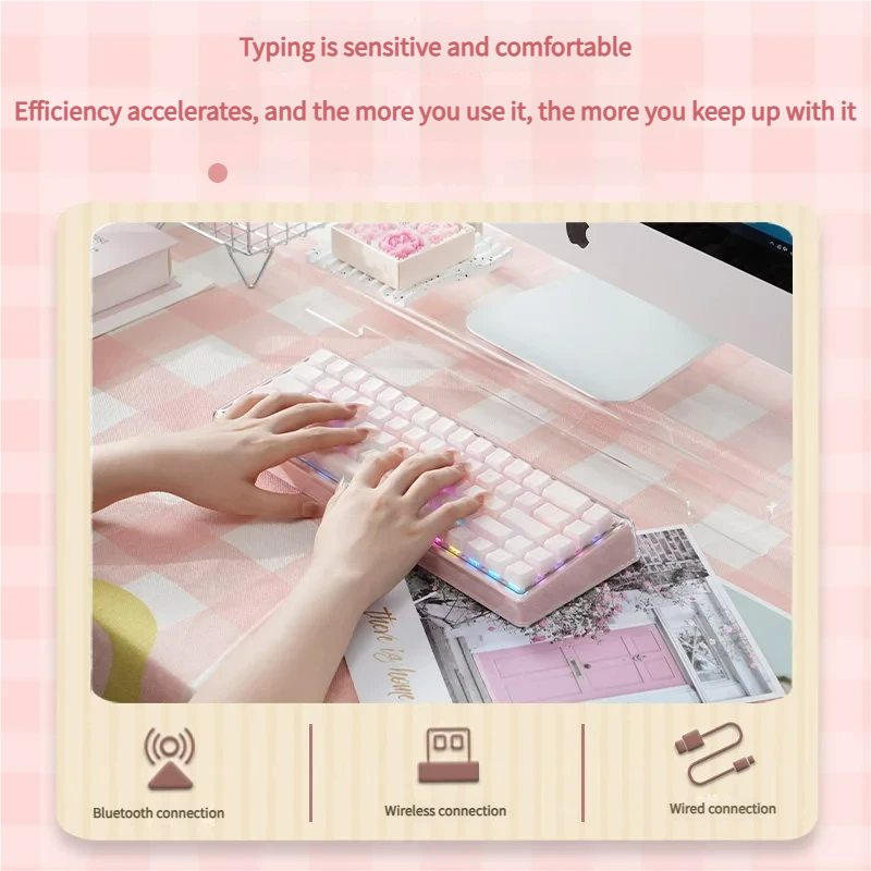 Gallery of an elegant pink mechanical keyboard, highlighting its soft pastel matte finish, silent wireless typing, and customizable aesthetic.