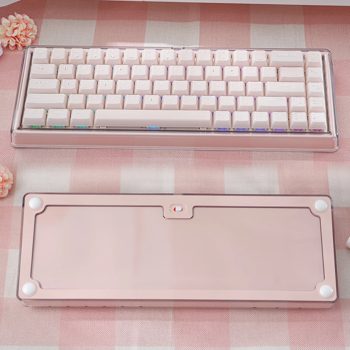 Charming pink mechanical keyboard with frosted keycaps, highlighting custom Belle switches for silent, ultra-light 32g actuation.