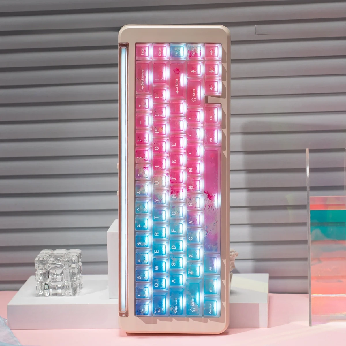 Luminous Pink Ocean PC Keycaps Set gallery. Ethereal pink-to-ocean gradient with translucent PC, artistically diffusing vibrant RGB light.